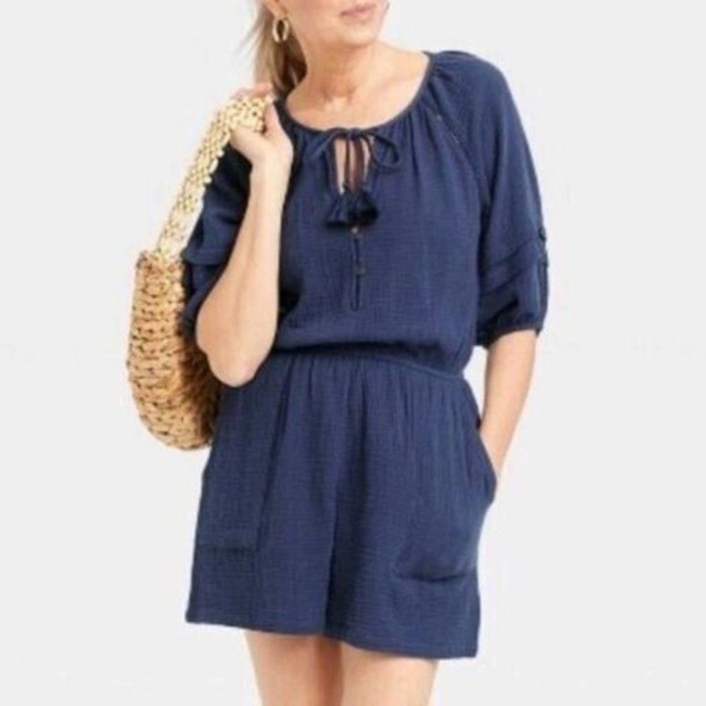 KNOX ROSE NWT Navy Blue Gauze Romper Large Short Sleeves Pockets!